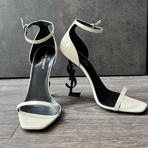 Yves Saint Laurent Shoes - YSL Saint Laurent Opyum Sandals White Patent Leather Black Heel Size 39.5B